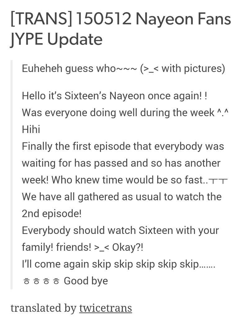nayeonews's tweet photo. [TRANS] 150512 Nayeon Fans JYPE Update (Nayeon's first update)

#Nayeon #나연 #임나연 #TWICE #트와이스
©twicetrans http://t.co/tZPkpqVg8P