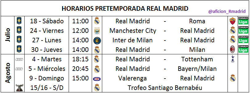 madbien's tweet photo. #Calendario para la pretemporada 2015-2016 del #RealMadrid  Hora: España 
#HalaMadridYNadaMas http://t.co/xjE4O4zuGP