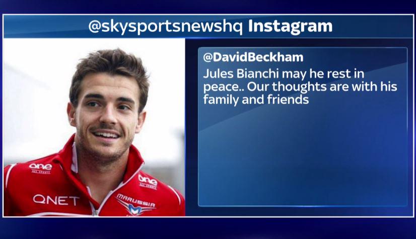 SkySportsNews's tweet photo. SOCIAL: David Beckham posted this message on @instagram after the tragic death of Jules Bianchi. #SSNHQ http://t.co/U3esHjNMtV