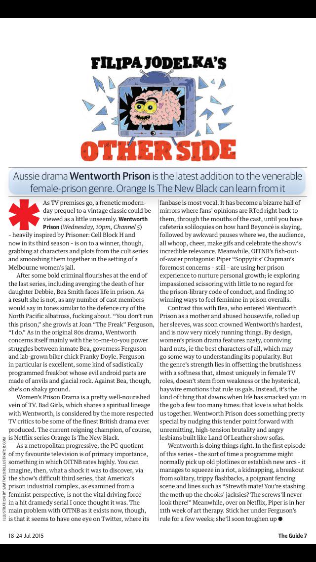 V_Musings's tweet photo. @Wentworth_UK @daniellecormack @nicdasilva Great article about #WentworthPrison in The Guardian's Guide today 😊 http://t.co/nPKdOJDlwY