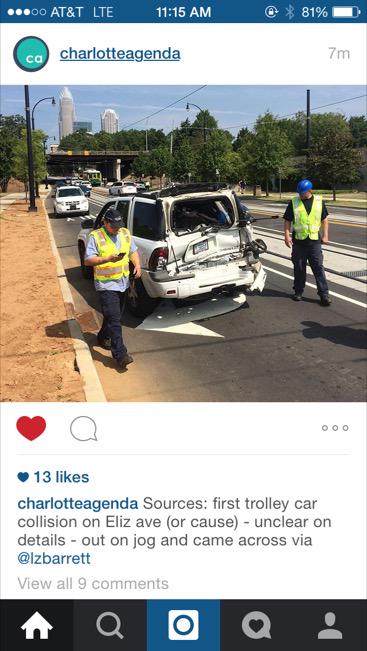EdwinPeacockIII's tweet photo. First streetcar accident. Wow! #Trolley/Folly
#NcPol
#cltcc http://t.co/8vS3sAZ7Pz