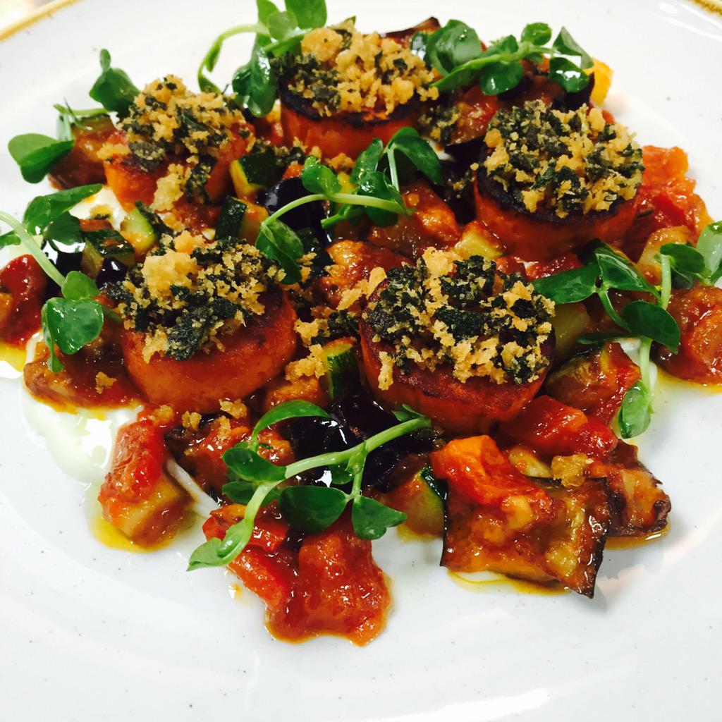 Ratatouille with sweet potato dumpling and crisp sage.