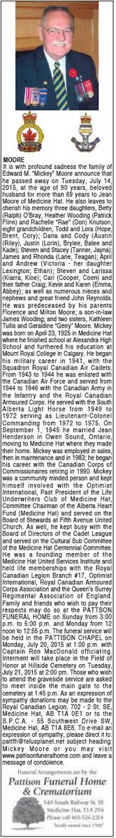 With profound sadness we announce the passing of former CO Lieutenant- Colonel Edward M "Mickey" Moore.