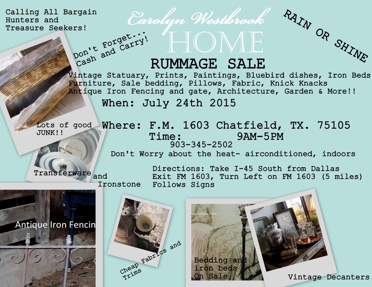 cwestbrookhome's tweet photo. We are so excited for the Carolyn Westbrook Rummage Sale this Friday, the 24th! #airconditioned #barbeque #greatjunk! http://t.co/jvq1gJZj4l