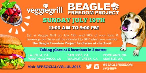 beaglefreedom's tweet image. Join us @veggiegrill tomorrow (Sunday)! 50% to BFP when you mention us. Full details: BFP.social/VG-JUL-2015 #VG4BFP