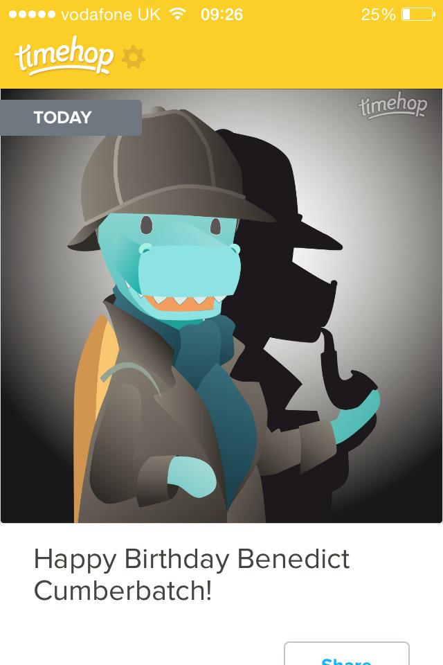 Timehop having a segment dedicated to Benedict Cumberbatch\s birthday just makes me so happy! 