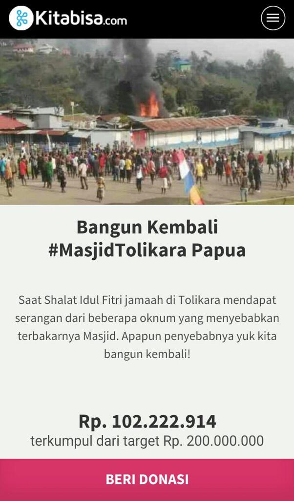 Alhamdulillah lebih banyak di antara kita memilih melakukan sesuatu. Donasi Masjid #Tolikara tembus 100jt dlm sehari.