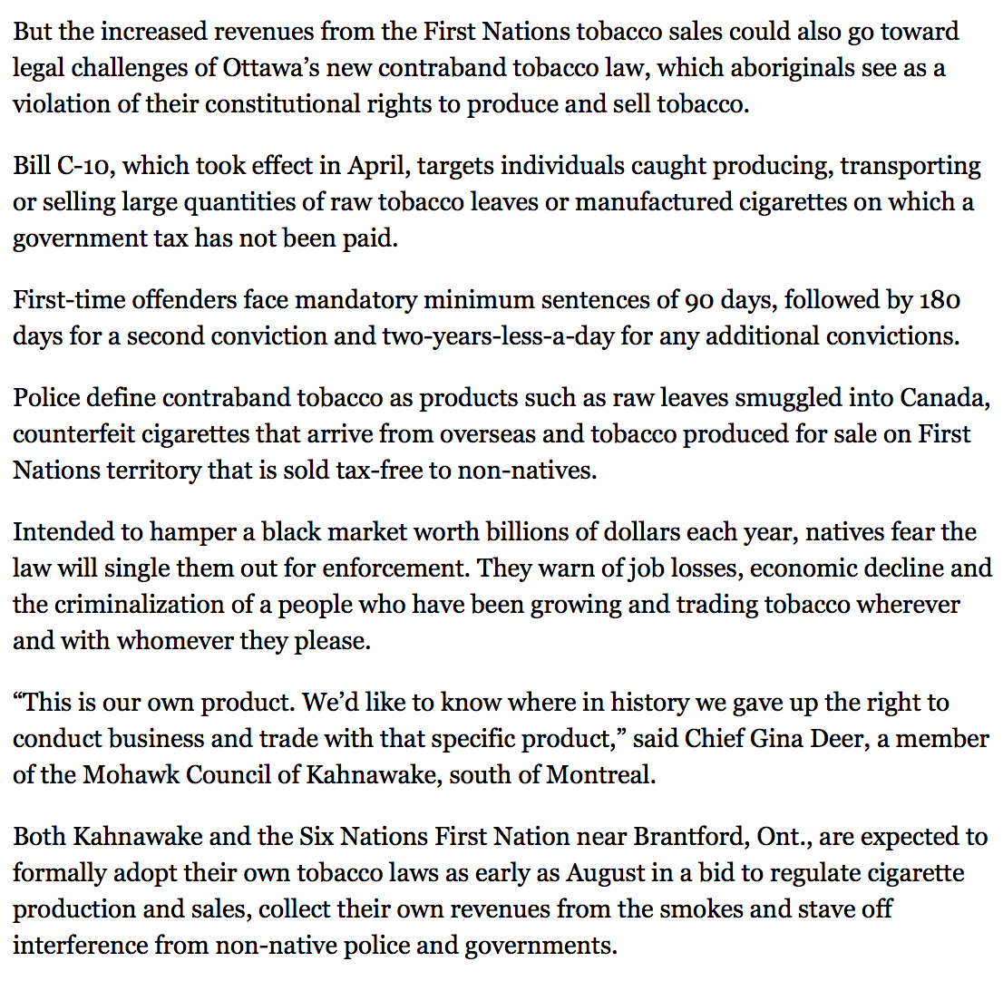 piyesisbrand's tweet photo. First Nations set to battle Ottawa over contraband cigarettes http://t.co/hzBOoz0hkD #FNlaw #FNpoli http://t.co/fPNlBQfxoE