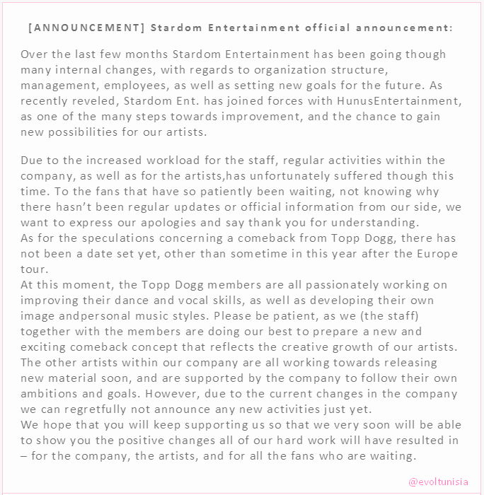 EvoLTunisia's tweet photo. [ANNOUNCEMENT] Stardom Entertainment official announcement:

http://t.co/mq4xQHaNCn

#evol #toppdogg #stardoment http://t.co/Fvehm5icKM