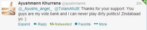 TolaniANJIE's tweet image. @ayushmannk Ayushmann Zindabad Yo ! 
April '13 #throwback #firstreply