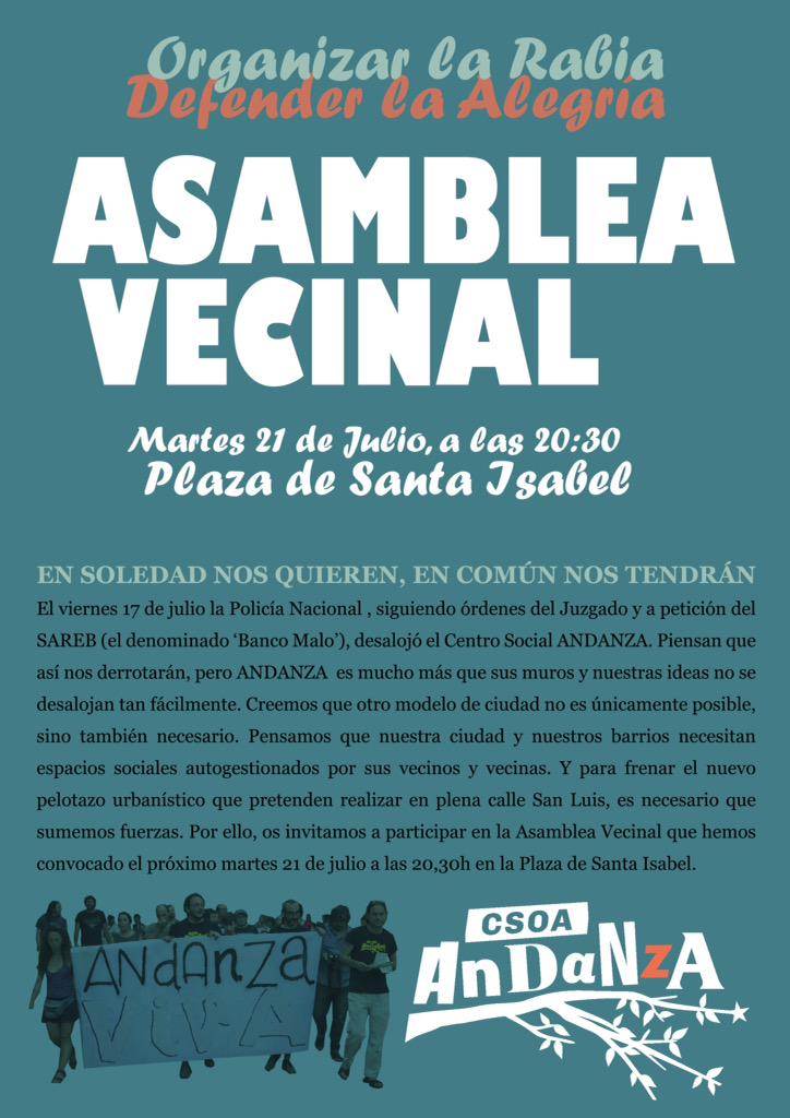 AndanzaCSOA's tweet photo. Recuerden!!! Asamblea vecinal abierta MARTES 21 de Julio en Plaza Santa Isabel #sevilla. Organicemos nuestra rabia! http://t.co/hWomiuuWN0
