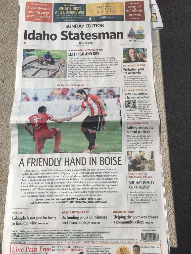 athletic_eus's tweet photo. Boiseko Idaho Statesman egunkarian, lehen orria @athletic_eus en partidarako. #BasqueSoccerFriendly http://t.co/1BzADLTPOr