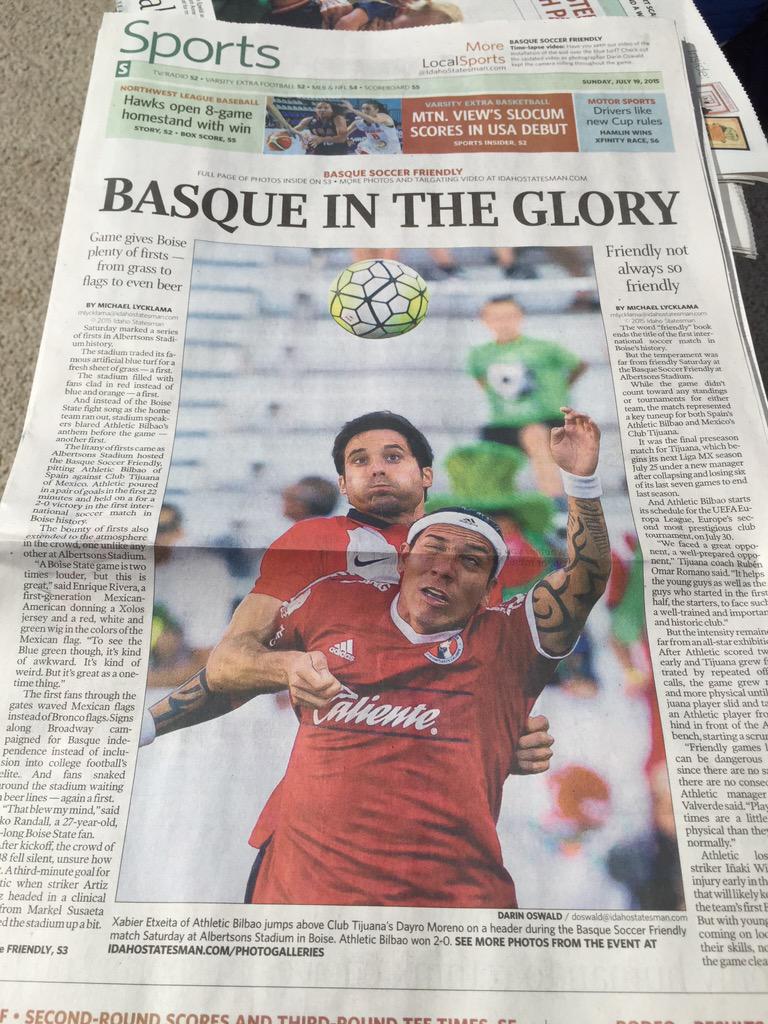 AthleticClub's tweet photo. Portada en el Idaho Statesman para el triunfo del @AthleticClub #BasqueSoccerFriendly http://t.co/2VLSI8wPzO