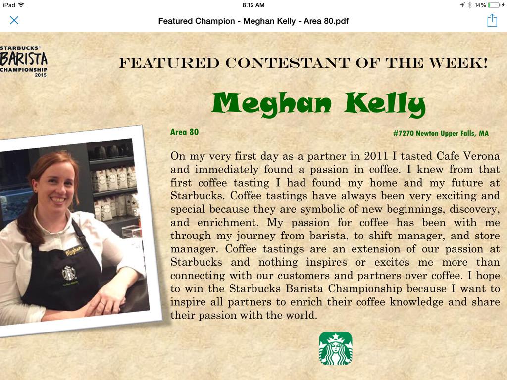 Hey Meg..u made it to the NE Starbucks Barista Championship July 23#starbuckschampion. Good luck in the competition.