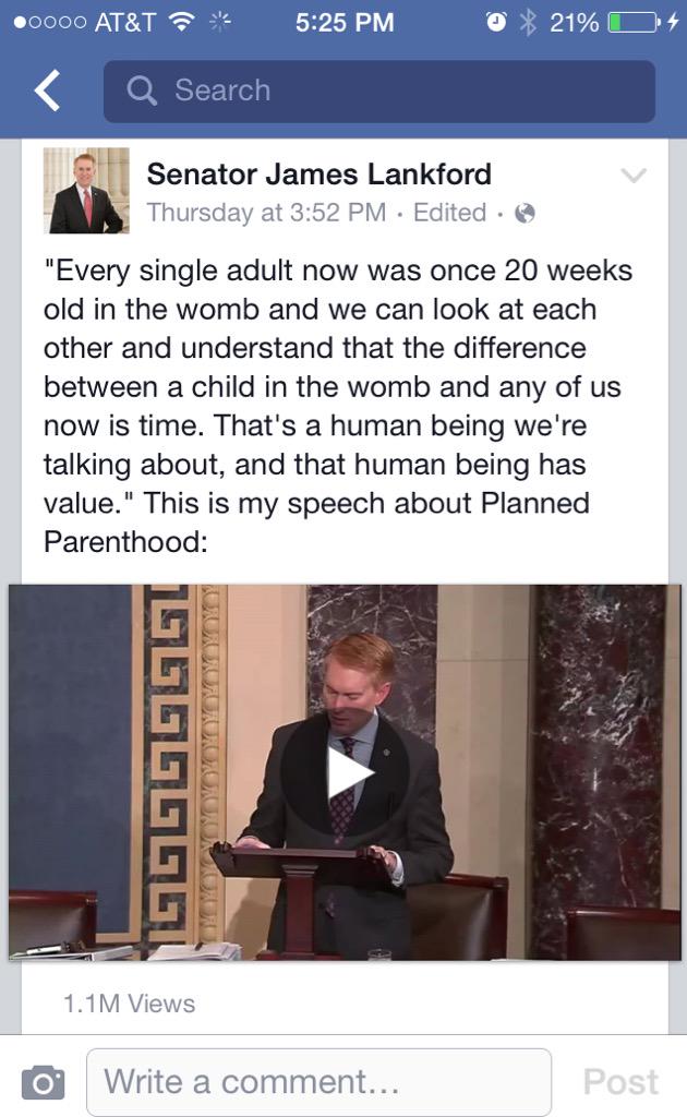 preppyycatholic's tweet photo. If you haven't watched Senator James Lankford's speech on Planned Parenthood please do whether you're pro life or not http://t.co/zs6jp17xVr