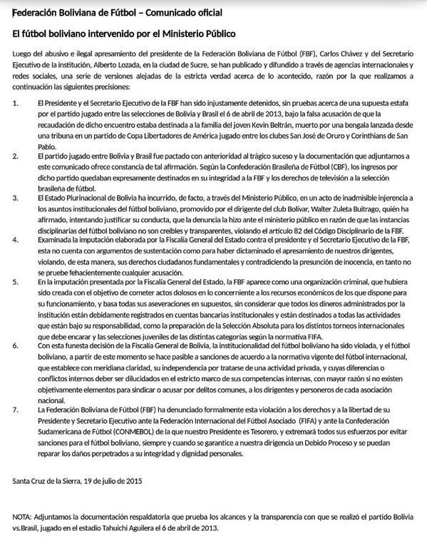 deportetotal_bo's tweet photo. La @FBF_futbol emitió un comunicado sobre la situación que atraviesan el Presidente y el secretario ejecutivo http://t.co/bsLe9zEupL