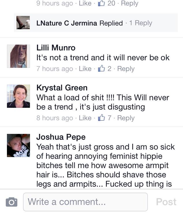 KatePow3ll's tweet photo. Actual comments on a picture of a women with armpit hair. People are so weak. http://t.co/KnhJZufCBP