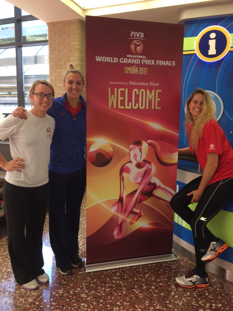 usavolleyball's tweet photo. .@KaylaBanwarth2 @JordanLarson10 and @Krobin32 arrive in #Omaha for #FIVBGrandPrix July 22-26. Welcome home @TeamUSA http://t.co/ouY30LOLZK