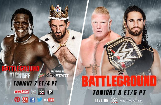 WWE's tweet image. It all starts at 7 PM ET TONIGHT as #WWEBattleground emanates from St. Louis, MO, LIVE on @WWENetwork! #WWENetwork