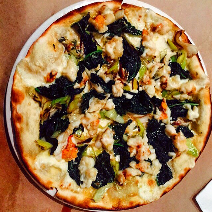 Pizza Experimentation: Lobster Tail, Cavolo Nero, sautéed leeks, Lemon Thyme &amp; Vanilla dressing! Yummo......