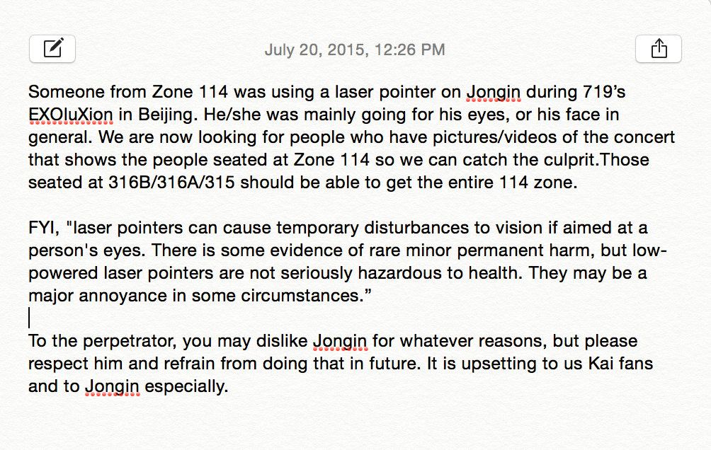 jonginsg's tweet photo. [RT PLS] We're trying to find the person who used a laser pointer on Kai (aiming his eyes) during 719 Beijing con: http://t.co/1dABibtJ83