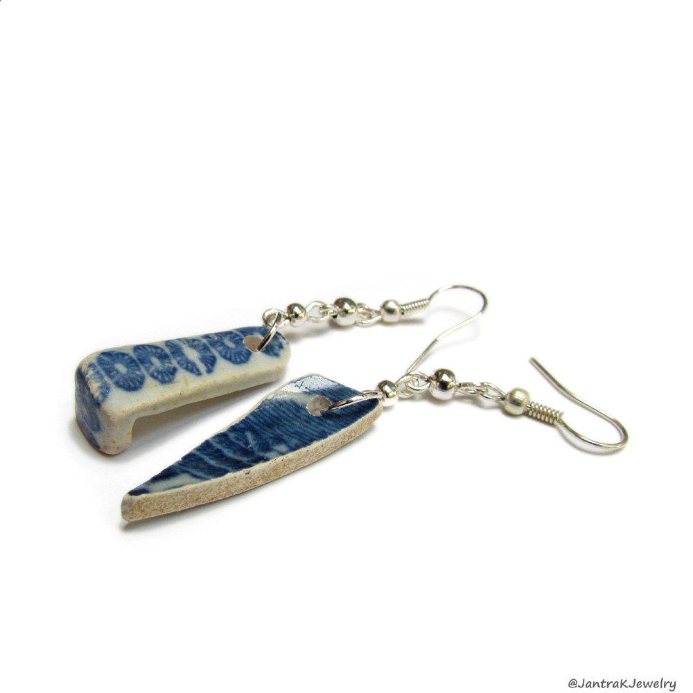 Blue Broken China Earrings, Upcycled sea china dangle, Blue … etsy.com/listing/235807… #Etsy #jewelry #PotteryJewelry