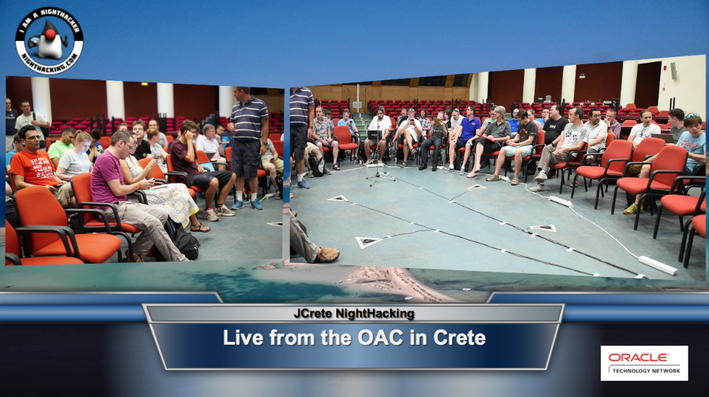 java's tweet photo. Live #NightHacking from the #JCrete unconference at the OAC. Follow @_nighthacking M-F: http://t.co/dszHU10N0N http://t.co/9WoUdDrCh5