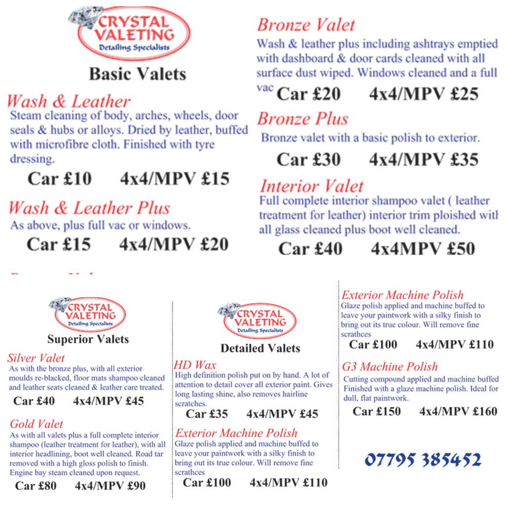 Valeting Menu... Call 07795385452 or like us on FB facebook.com/crystalvaletin… and drop us a message... Thanks guys