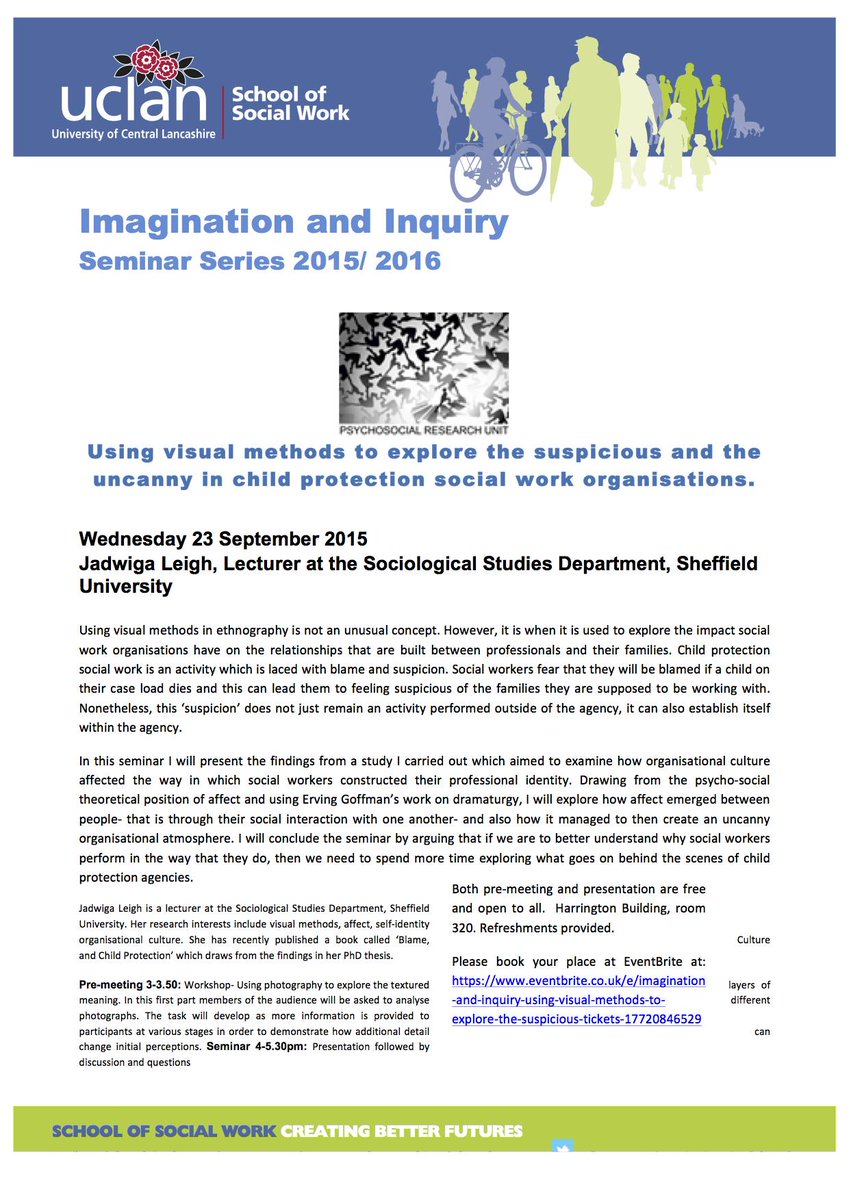 aliroy01's tweet photo. Seminar 23rd Sep - Dr Jadwiga Leigh - Using Visual Methods to Explore the Suspicious &amp; Uncanny in CP SW Organisations http://t.co/lwcfJ5V53X