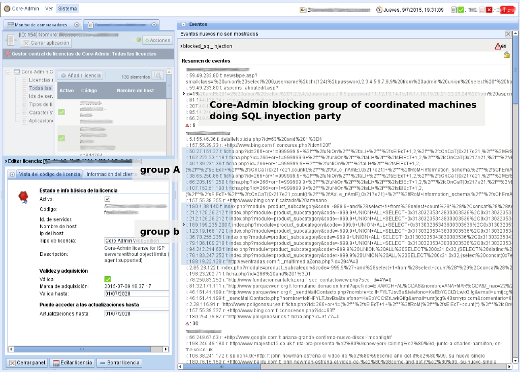 FrancisBrosnanB's tweet photo. #SQLinyection @core_adm blocking a group of machines doing a coordinated SQL inyection party on the same target http://t.co/5ORjYTMfCn