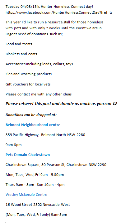 #HunterHomelessConnect.For those homeless with pets &amp; only 2 weeks til the event we are in urgent need of donations