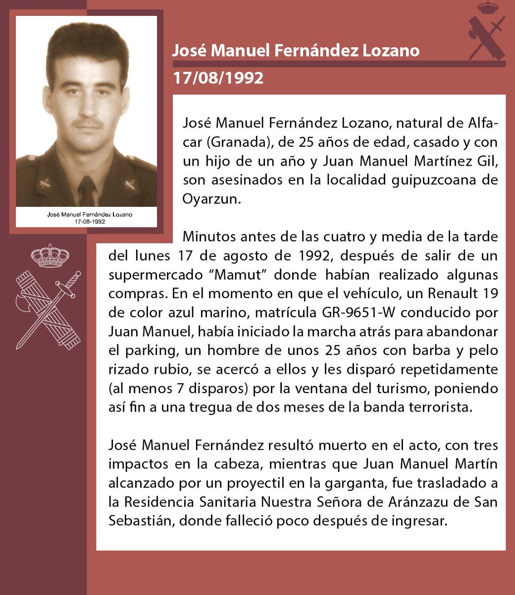 guardiacivil's tweet photo. #TerrorismoGC En memoria del GC José Manuel Fernández Lozano, asesinado por #ETA en Oyarzun (Guipúzcoa), 17/08/1992 http://t.co/LCgc432bSL