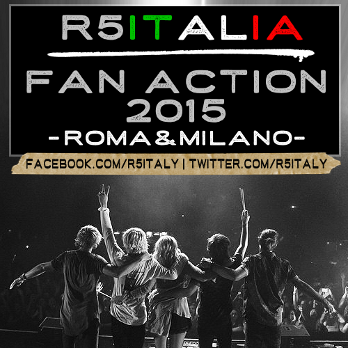 R5italy's tweet photo. RT! 🔁
R5 ITALIA FAN ACTION 2015
ROMA: https://t.co/tmaT6XPUps
MILANO: https://t.co/NN6ajYlAol http://t.co/OXQCb016Wh