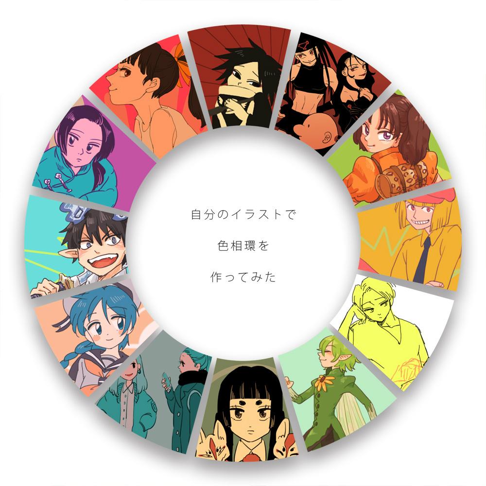 描いたものと背景の色をまったく違う色でカラフルに塗ることが多いから当てはめるのむずかしかった〜
#自分のイラストで色相環を作ってみた 