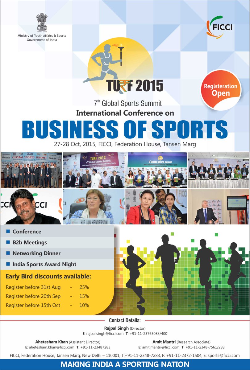 FICCI_Sports's tweet photo. “TURF 2015” is scheduled for 27-28 Oct, 2015, at FICCI, New Delhi. Registration open http://t.co/de7jhe8euh http://t.co/QHvg9tAkSg