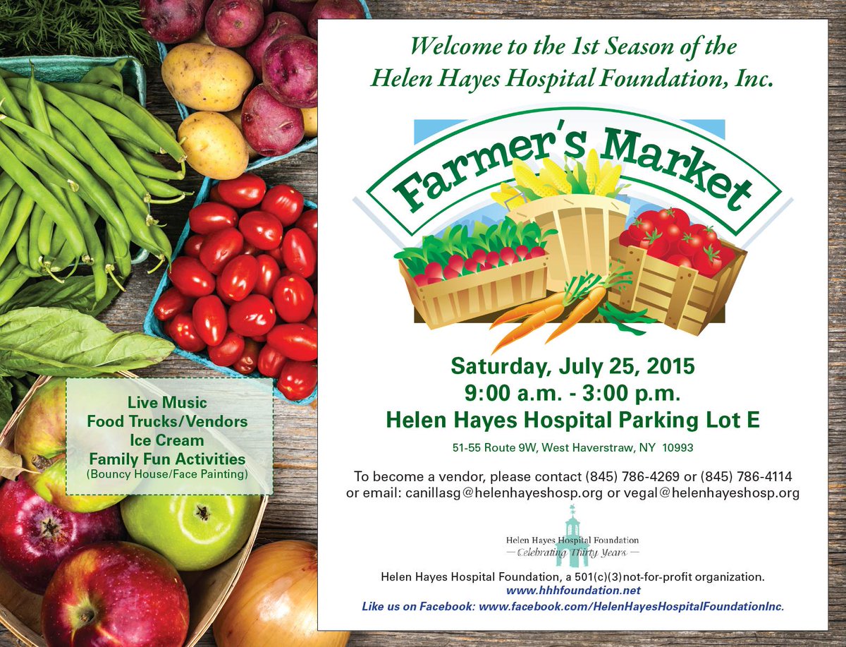 HelenHayesFound's tweet photo. Farmer's Market this Saturday at Helen Hayes Hospital, Parking Lot E! Fresh products, live music, family fun &amp; more! http://t.co/PmXIMd673e