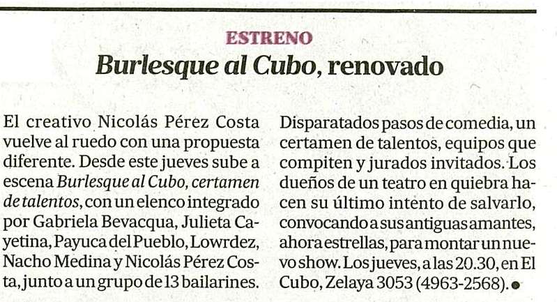 WePrensa's tweet photo. HOY EN @espectaculosLN @burlesquealcubo DE @Nicoperezcosta // @PabloGorlero @julicayetina @lowrdez @GBevacqua http://t.co/1ZKqoBjdzx