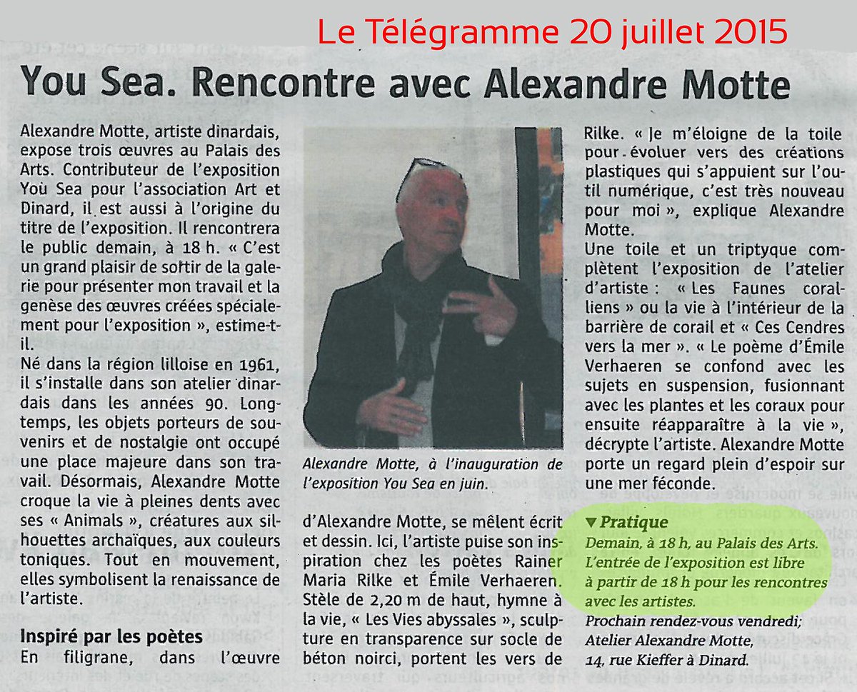 Alexandre_Motte's tweet photo. YOU SEA
RV mardi 21 juillet à 18 h
Palais des Arts de DINARD.
Entrée libre.
En savoir plus : http://t.co/DSDaAmDSlq http://t.co/isYon20hWP