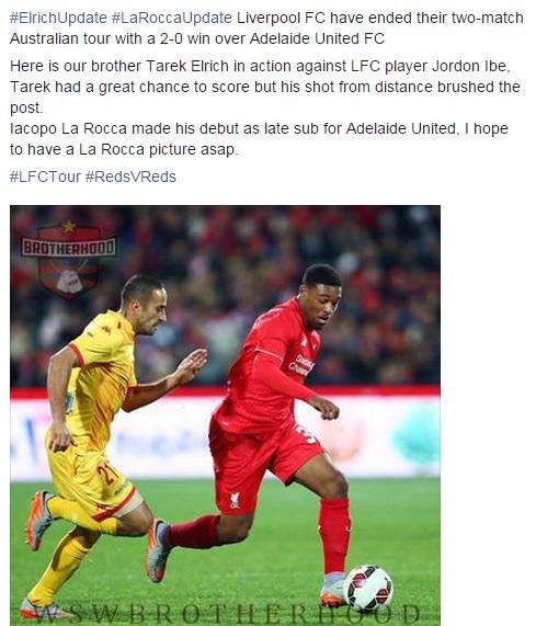 WSWBrotherhood's tweet photo. #ElrichUpdate #LaRoccaUpdate Liverpool have ended their 2-match Australian tour with a 2-0 win over Adelaide United. http://t.co/nWFeDKMmiN