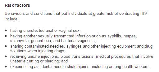 WHO's tweet photo. Behaviours and conditions that put individuals at greater risk of contracting #HIV include http://t.co/5E0V3mreD6