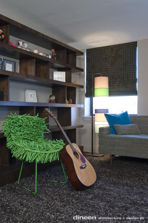 Harlem Residence: <a href="/bludot/">Blu Dot</a> sofa, CoolHouse Hairy Bertoia chair, Bone Simple floor lamp, <a href="/maharam/">Mahara Mendonça</a> shade fabric.