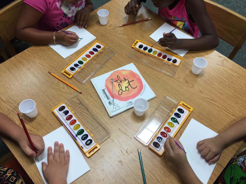bookmama78's tweet photo. Walzem Summer School Kinder loved The Dot and watercolor painting! #ilovemyjob #peterreynolds #thedot http://t.co/Cu9yRAKaP2