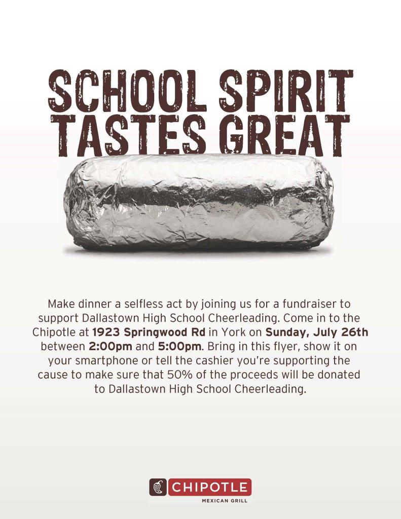 Support DT cheer and eat at CHIPOTLE Sunday July 26 from 2-5 Use a paper copy of the flyer or show it on your phone!