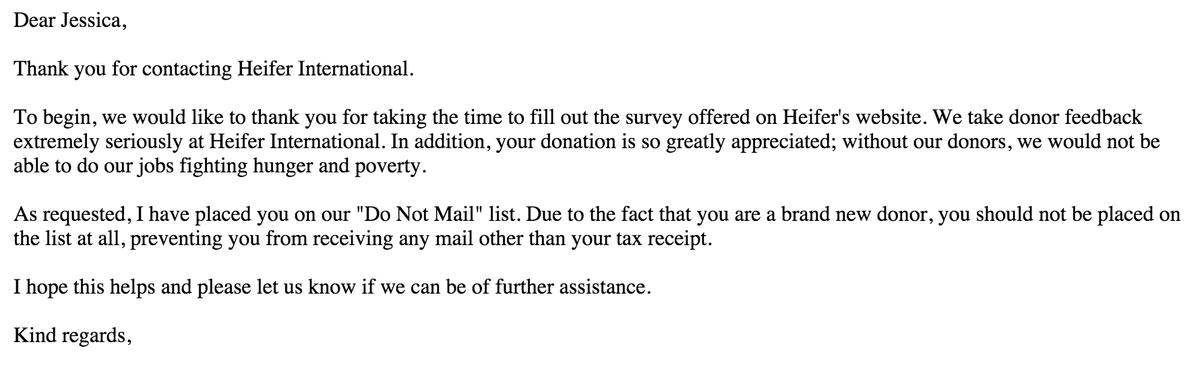 JessieEnd's tweet image. @Heifer just found a loyal donor. This is what it means to be #donorfirst! Within 24 hrs of my gift, I got this note.