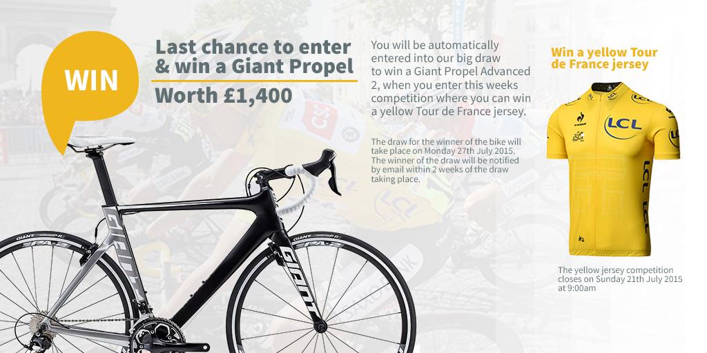 Last chance to win a <a href="/GiantUK/">Giant UK & Eire</a> Propel! Simply enter this weeks #TDF2015 draw &amp; retweet - goo.gl/zQ3dyD