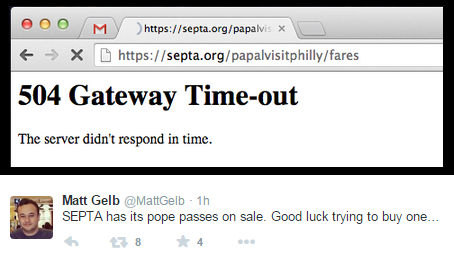 CrossingBroad's tweet photo. SEPTA’s #PopePass Site Crashes Because SEPTA Can Screw Up Just About Anything http://t.co/na6luQuPqY http://t.co/DfrrUVknpp