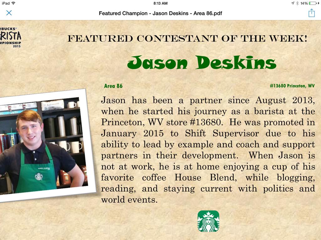 Looking forward to seeing Jason at The NE Starbucks Barista Championship..good luck😃 July 23rd#baristachampionship