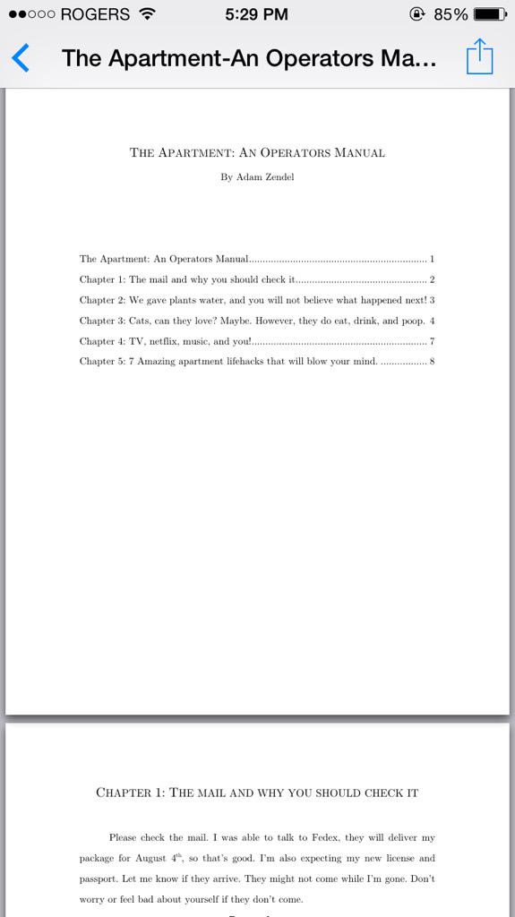 My roommate just wrote me a five-chapter manual for living in the apartment by myself for two weeks