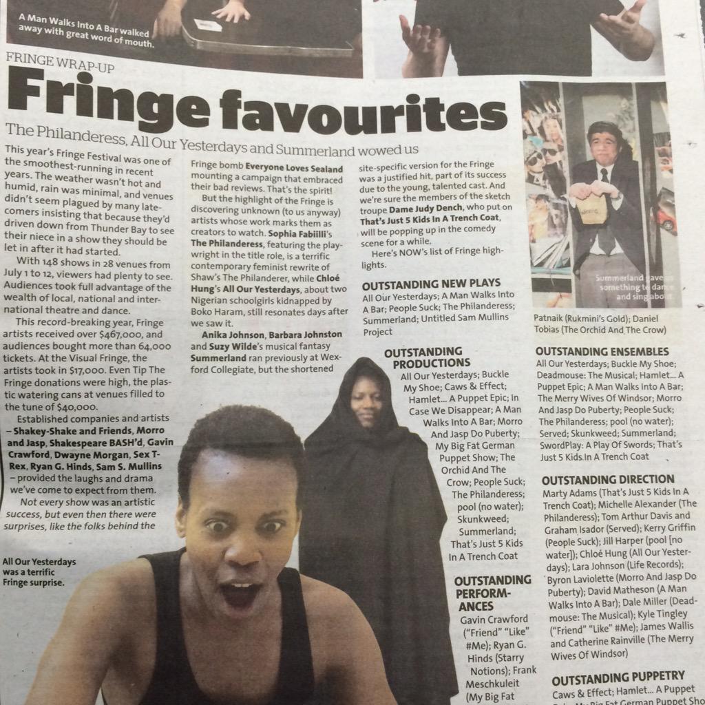 DameJudyDench's tweet photo. How cool is this? .@nowtoronto featured us in #FringeTO Faves!! Best Ensemble, Direction &amp; Production #GetTrenched 💥🍕 http://t.co/18R7jcXQ5h