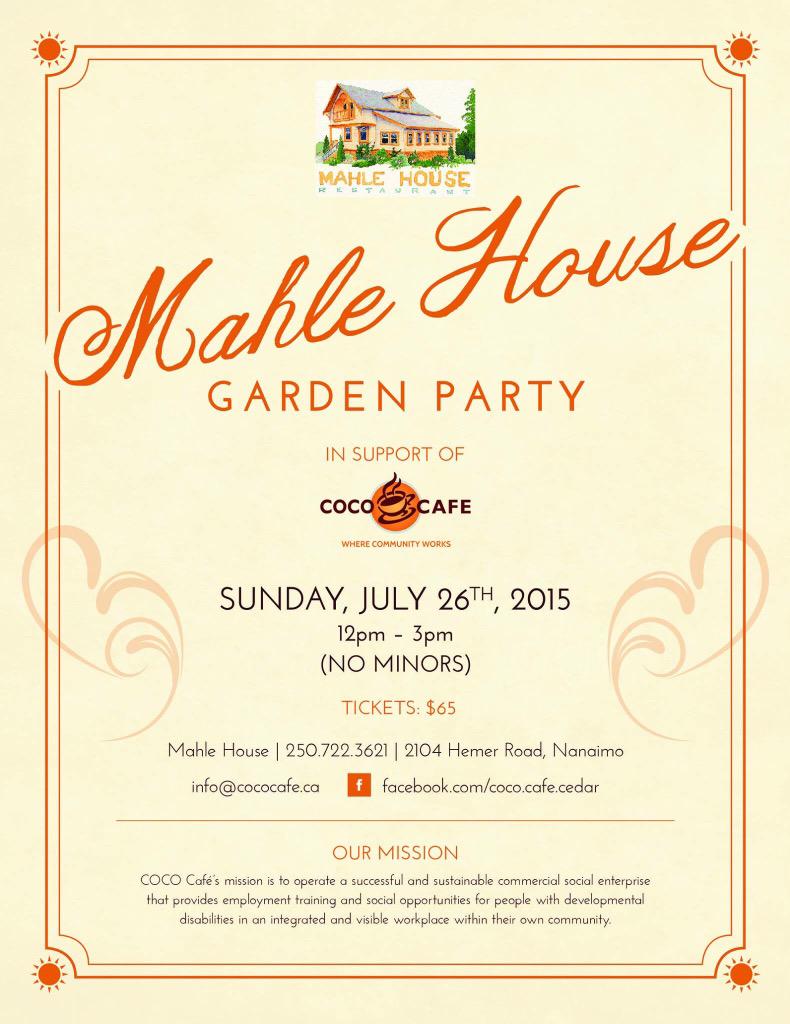 This Sunday July 26th - Enjoy BC wine, beer, cider &amp; delicious food while supporting the <a href="/COCOCafeCedar/">COCO Cafe</a>!